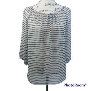 Chico's Blue White Stripe Sheer Coastal Nautical Blouse Size S